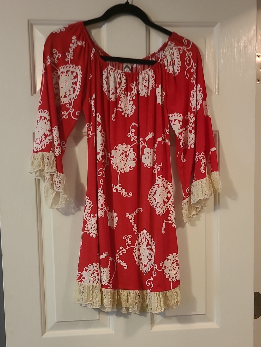 2B Together Red Boho Peasant Blouse Lace Trim Off Shoulder Top Size S